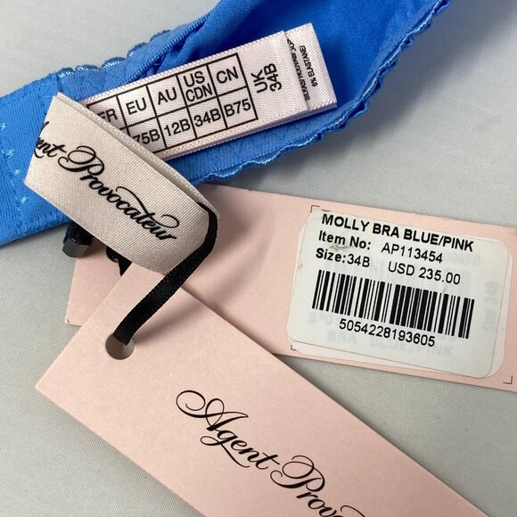 Agent Provocateur Molly Blue Pink Silk Bra 34B NWT $235 - Picture 15 of 16